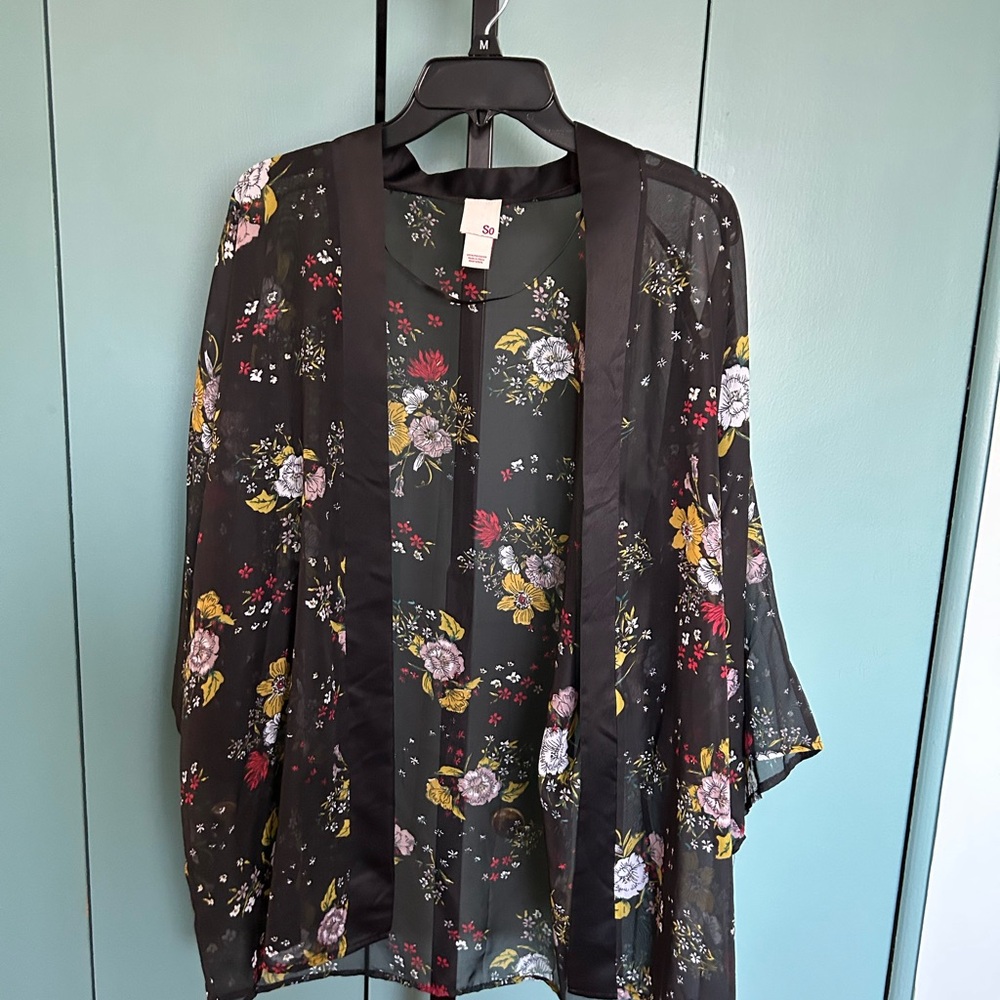 SO Floral Sheer Kimono with Black and Multicolor Design